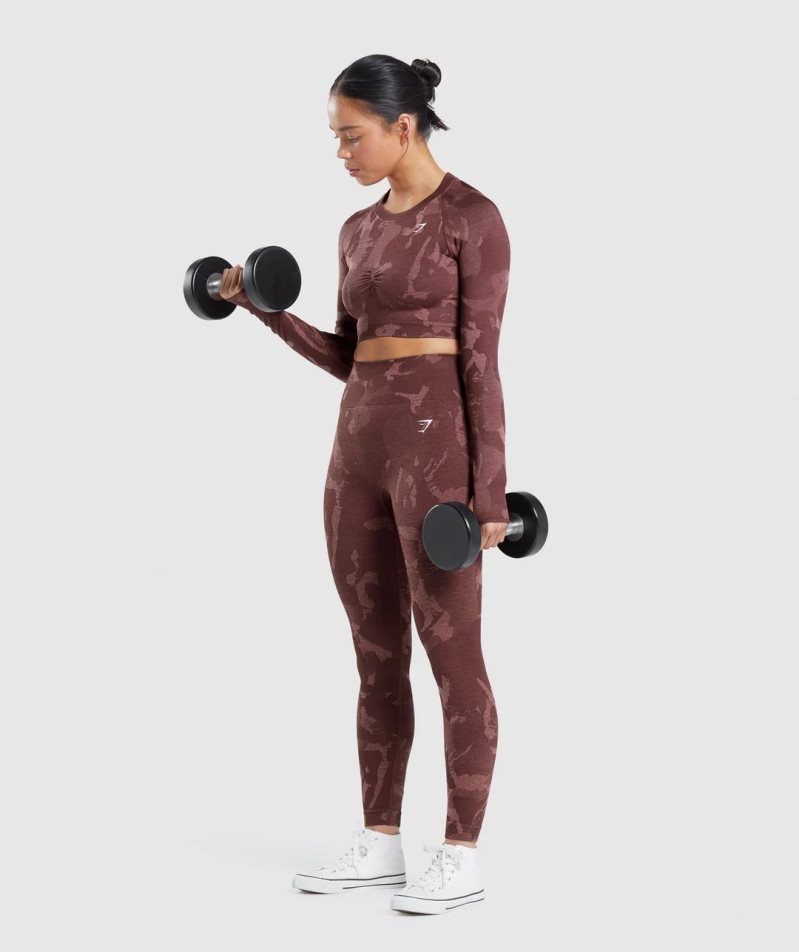 Women's Gymshark Adapt Camo Seamless Long Sleeve Cropped Tops Brown | CA 3D7165